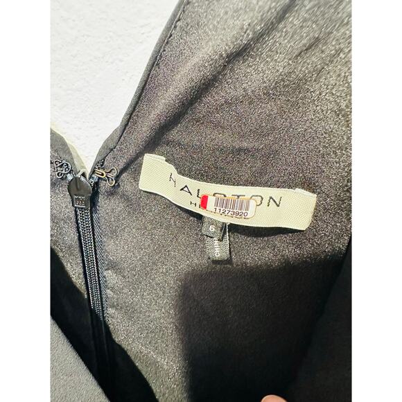 HALSTON Black Sleeveless Deep V-Neck High-Low Ruffle Front Jumpsuit Size 6 - Picture 9 of 14